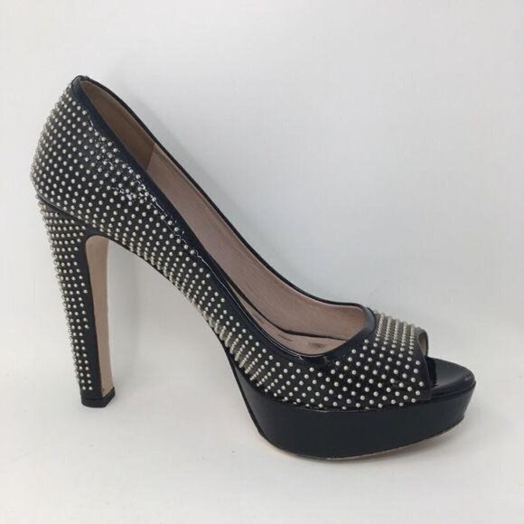 Miu Miu PRADA Shoes Heels Pumps Black Patent Studs Peep Toe Italy 39 - Picture 10 of 14